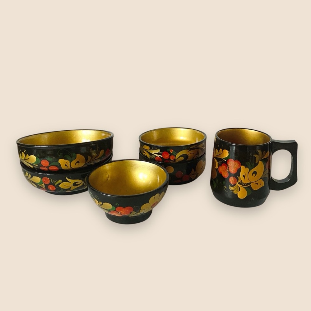 Russian Khokhloma Vintage Lacquerware 6pc Set Handmade Bowls Mug